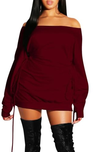 GOKATOSAU Women's Sexy Casual Off Shoulder Long Sleeve Lace Up Loose Club Mini Dress WineRed