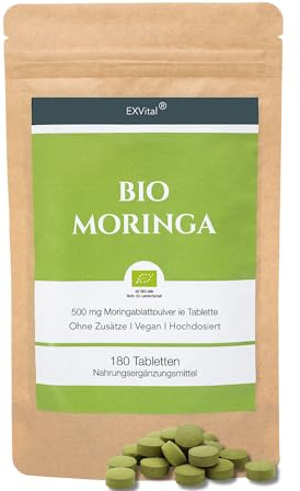 EXVital BIO Moringa Tabletten - 3000 mg Moringa Oleifera pro Tagesdosis - 180 Bio Moringa Presslinge, vegan & hochdosiert