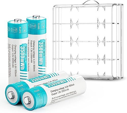 czvv Rechargeable AA Batteries Lithium 4-Pack, 3500mWh Large Capacity 1.5V Double A Fast-Charge 10-Years Long Lifespan Dual A for Security Camera & Trail Camera Series and More, Fitting for Blink