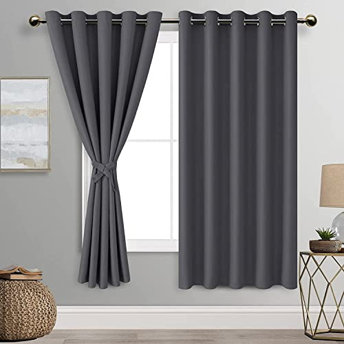 DWCN Dark Grey Blackout Curtains with Tiebacks for Bedroom Thermal Insulated Solid Eyelet Curtains for Living Room,2 Panels,66 Wide x 72 Drop