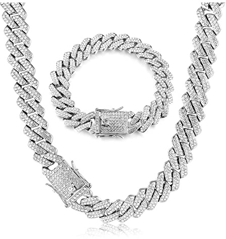 KRFY Cadena Eslabones Cubanos Congelada Para Hombres 14MM Gargantilla Eslabones Cubanos Miami Conjunto Collar Pulsera 18K Chapado Oro Cadena Diamantes Pulsera Hip Hop Joyería Niños Mujeres 41/51/56cm