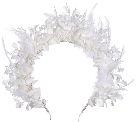 MOSTORY Handmade White Feather Crown - Flower Halo Headband Bohemian Hairband with Leaves Fairy Headpiece for Women s Wedding Party Carnival Fae Ball Photo Shoot