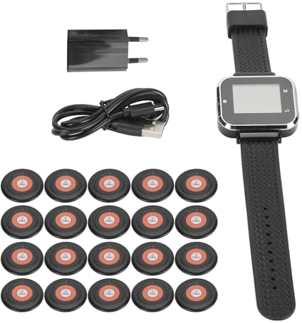 Drahtloses Ruftastensystem, Wiederaufladbares Restaurant Rufsystem mit 1 Uhrenempfänger, 20 Pagern, Wasserdichter Vibrationssummer, Pflegepersonal Pager für Senioren zu Hause