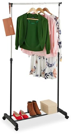Relaxdays Kleiderständer auf Rollen, Metall, Kleiderstange verstellbar, 91-156x76x40,5 cm, Rollständer, schwarz/Silber