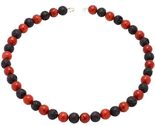 Schmuck Krone Kette Collier aus Koralle & Lava & 925 Silber schwarz braun-rot Halskette Damen