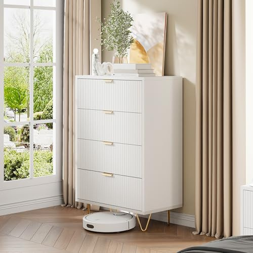 HFASD Kommode Weiß Mit 4 Schubladen, Moderne Kommode Holz Mit Stauraum, Goldenen Metallbeinen Und Griffen, Sideboard Schrank Kommoden Für Wohnzimmer, Schlafzimmer, Flur (Weiß, 60x34x91cm)