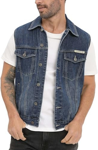 CoXuantion Homme Gilet en Jean Veste Courte Denim Rétro Gilet Multi-Poches Denim Veste Classique Biker Jean Gilets Décontractée Cowboy Sans Manches
