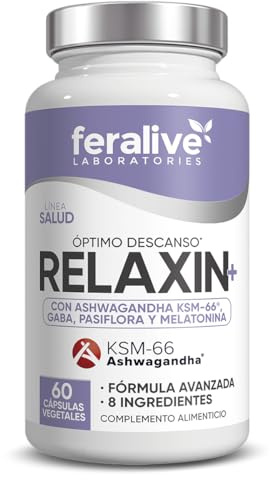 Feralive Laboratories Relaxin+ 60 Cápsulas – KSM‑66® Ashwagandha + Melatonina + Valeriana + Melisa + Pasiflora + Amapola de California + GABA + Vitamina B6 – Suplemento para Sueño y Descanso Óptimo