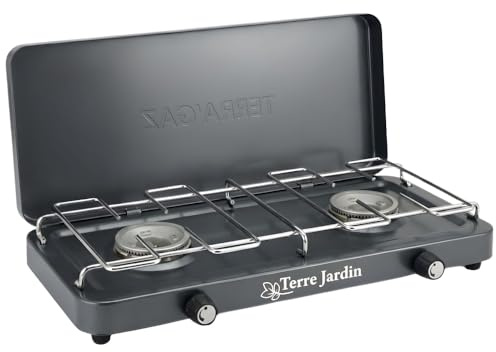 Terre Jardin Réchaud de Camping gazinière 2 Feux Portable Acier Peint | Réchaud gaz 2 feux 2 x 1,6 kW, structure acier peint gris anthracite, aluminium moulé, couvercle pliable