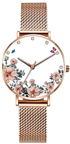 RORIOS Reloj de Pulsera para Mujer - Cuarzo Analógico, Impermeable, Correa de Malla en Acero Inoxidable, Diseño de Flor, Moda Dama