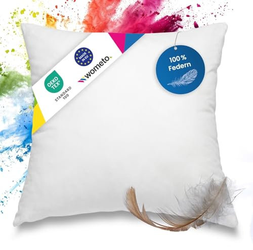 wometo Federkissen 100% Federn 55x55-750g Oeko-TEX Sofakissen Füllkissen Bezug Baumwolle weiß/Innenkissen/Kissenfüllung/kleine Kopfkissen