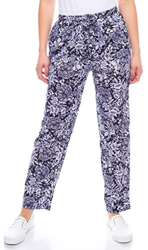 Kendindza Pantalon d'été pour femme Pantalon long léger et décontracté en coton Motif fleurs, Bleu - Motif : fleurs., M