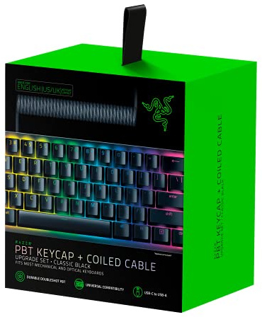 Razer PBT Keycap Upgrade Set with Coiled Cable - Backlight Compatible (Superior PBT Shine Resistant Material, Doubleshot Molding with Ultra Thin Font, Coiled Cable) Black | US Layout