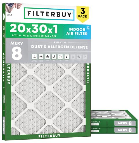 Filterbuy 20x30x1 Air Filter MERV 8 Dust & Allergy Defense (3-Pack)