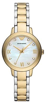 Emporio Armani Uhr für Damen, Dreizeiger Uhrwerk, 32MM Gold Recycled Edelstahl (Mindestens 50%) Gehäuse mit einem Recycled Edelstahl (Mindestens 50%) Armband, AR11513