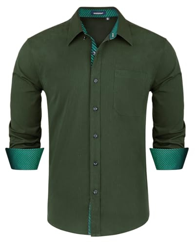 HISDERN Chemise Manches Longues Homme Regular Fit Chemises Formelle Shirt Casual Chemise Vert S