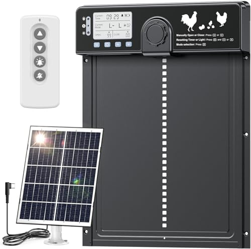 Grande Porte Poulailler Automatique Solaire Aluminium avec Capteur Luminosité, MASTERFUN Porte Automatique Poulailler Electrique avec Telecommande, Minuterie, Fonction Anti-pincement, 24.0 x 27.5 cm