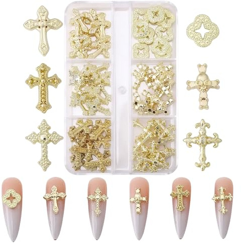 Lot de 60 breloques en forme de croix pour nail art, en métal 3D, en cristal, en alliage, rivets et strass pour femmes et filles, accessoires de bricolage, bijoux artisanaux, accessoires (doré B)