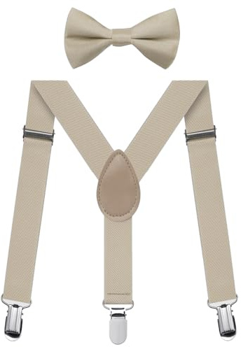 FACATH Jungen Hosenträger Fliegen Set, Kinder-Hosenträger mit elastischer Y-Form, verstellbar mit Clips und Fliege für Jungen und Mädchen (Khaki)
