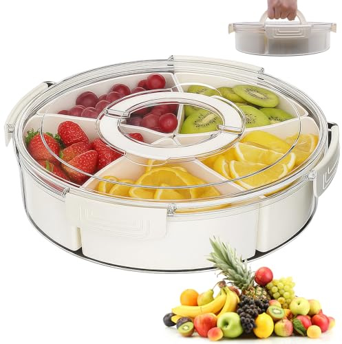 weiclianhp Cuenco para aperitivos con tapa y compartimentos, caja redonda de 5 compartimentos, plato de aperitivos con compartimentos con tapa y asa, organizador para aperitivos, nueces, especias