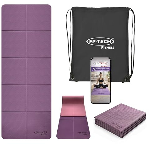 FP-TECH TAPPETINO DA YOGA IMBOTTITO ANTISCIVOLO FITNESS PILATES GINNASTICA IN TPE MAT CON SACCA 183 X 68 X 0.6 CM (Viola-Rosa-PIEGHEVOLE)