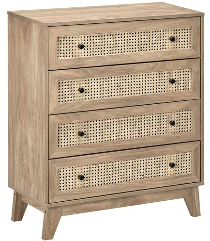 HOMCOM Cassettiera Camera da Letto a 4 Cassetti in Rattan Stile Boho, Comò Moderna con Maniglie Rotondo, per Ingresso, Soggiorno, Cameretta e Corridoio in Legno, 80x35x95 cm, Legno Naturale