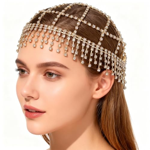 GORGECRAFT 1920-tal kristallmössa huvudbonad nät blomma strass huvudkedja gyllene rytande 20-tal Great Gatsby hårtillbehör hårkedja hatt för brud cosplay halloween konst dekor fest