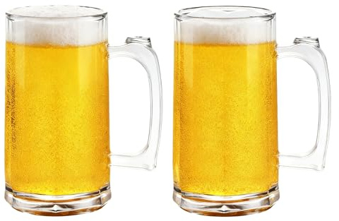 Rerii 18oz Plastic Beer Mugs with Handles Set of 2, Reusable Clear Beer Stein, Plastic Beer Glasses Drinking Cups for Home Hotel Bar Party Wedding & Costume