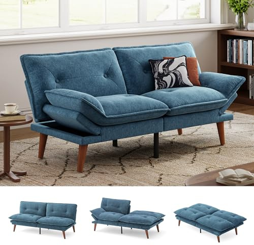 LINSY HOME Futon Sofa Bed, 70 Chenille Futon Couch with Adjustable Backrest Armrest, 3 in 1 Convertible Comfy Loveseat Sleeper Sofa Bed for Small Spaces Dorm Room Apartment Home Office, Blue