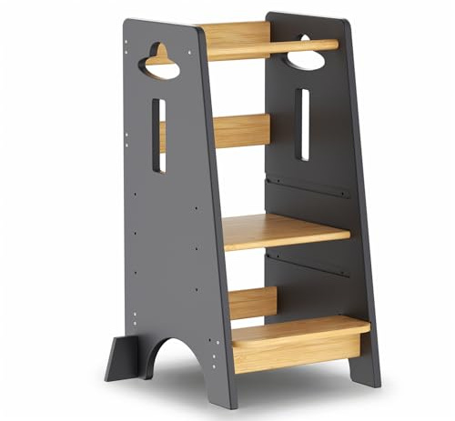 COSYLAND Torre de Aprendizaje para Niños - Torre de Aprendizaje de Madera para Bebés de 1 a 6 Años - Altura Ajustable en 3 Niveles - 80CM - Gris Clásico y Natural
