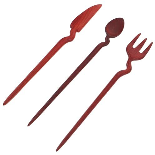 IWOWHERO Lot de 3 Bâtonnets à Cheveux en Bois de Santal Rouge Épingles à Cheveux Rétro Chinoises pour Femmes Accessoires Coiffure Décoratifs de Cuillère Couteau et Fourchette Usage