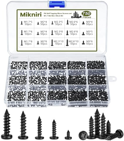 750 Pcs Small Self Tapping Screws for Plastic and Metal, M1.7-M3 Phillips Pan Head Small Screws,Black Carbon Steel Micro Electronic Screws Assortment Kit