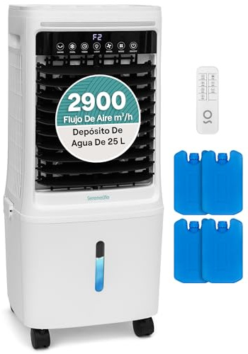 SereneLife bladlös tornfläkt – smart golvfläkt med WiFi och fjärrkontroll, 1700 CFM hög luftkapacitet, avtagbar vattentank på 25 liter, förbättrat luftflöde med 4 medföljande kylklampar