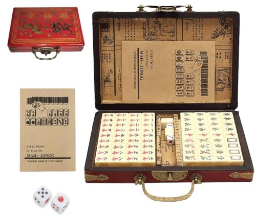 SKIKHN Mini Mahjong, Mini Jeu de Mahjong avec 144 Tuiles, Portable Mahjong Antique, pour Famille, Fête, Amis, Réunion, Jeu de Société