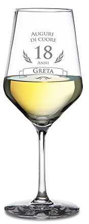 AMAVEL Calice da Vino Bianco con Incisione per il Compleanno, Auguri di Cuore 18 Anni, Personalizzato con Nome, Regali Originali per Lui e Lei, Bicchiere in Vetro Chiaro