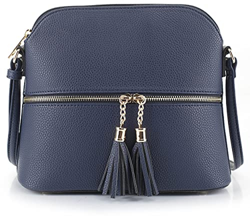 SG SUGU Lunar Lightweight Medium Dome Crossbody Bag Shoulder Bag with Double Tassels | Zipper Pocket | Adjustable Strap|Navy