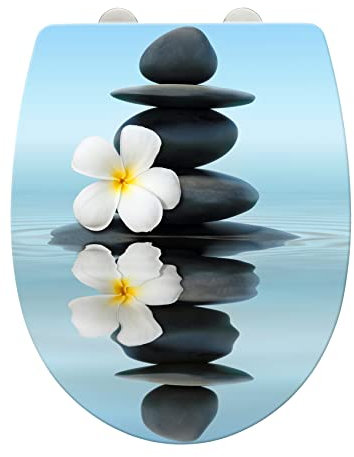 WENKO WC-Sitz Saguna mit Relief-Oberfläche, Toilettendeckel mit Absenkautomatik, bruchstabiler, recycelbarer Thermoplast, Schnellbefestigung aus rostfreiem Edelstahl, 36,5 x 45 cm, Meditations-Motiv