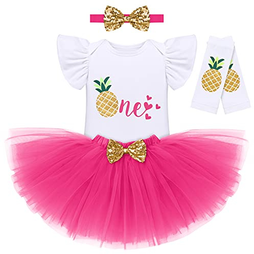 FYMNSI Ragazza Neonata 1 ° Primo Compleanno Abiti, Ananas Manica Volant Pagliaccetto + Tutù Gonna + Bowknot Fascia + Scaldamuscoli Set Bambina Vestito Costume da Fotografia Rosa Caldo - One 1 anni