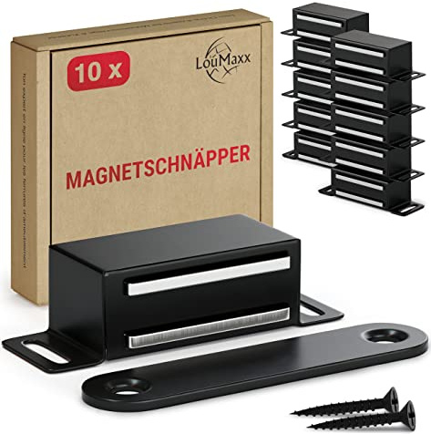 LouMaxx - Imán para puerta de armario, cierre magnético fuerte, fuerza de sujeción 4 kg, lote de unidades, color negro, puerta de armario, para puertas, muebles y cajones (Negro, 10, Unidad)