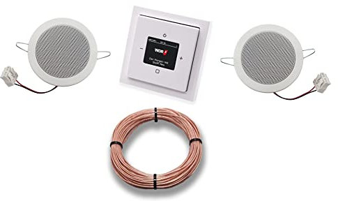 Busch Jäger DAB+ Unterputz Unterputzradio DAB PLUS RADIO 8215 U – 101 Studioweiß Komplett-Set FUTURE LINEAR + 2 x Deckenlautsprecher/Einbaulautsprecher + 20 m Lautsprecherkabel 2x0,75 mm² 8215U-101