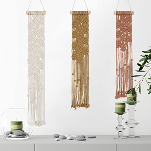EISKBC Small Macrame Wall Hanging Set, Boho Macrame Tapestry Wall Decor, Woven Yarn Tassel Tapestry Wall Art, Handmade Home Decor for Bedroom Lving Room (Brown-Yellow-White)