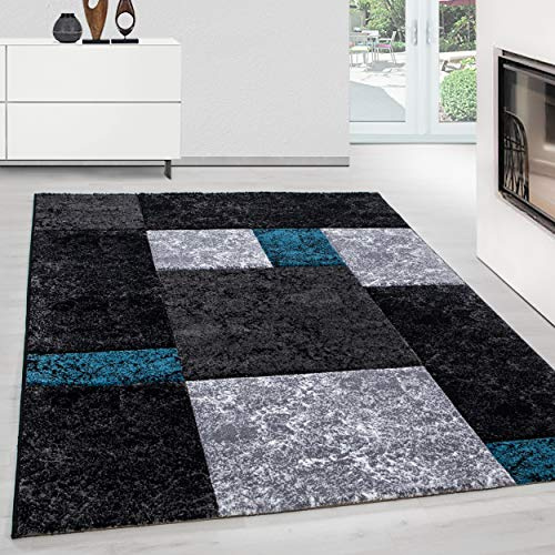 Teppium Moderner Kurzflor Teppich Wohnzimmer 140 x 200 cm Türkis - Konturenschnitt Teppich Waschbar, Kariert Design, Pflegeleicht und Weich - Ideal für Schlafzimmer, Esszimer und als Küchenteppich