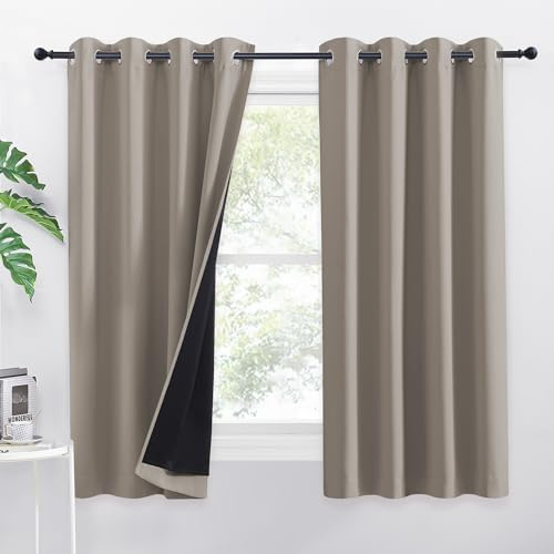 PONY DANCE Kurze Gardinen 100% Blickdicht Ösenschal 2er Set H 160 x B 140 cm Verdunkelungsvorhang Thermovorhang gegen Hitze Doppellagige und Lichtundurchlässige Vorhänge mit Ösen, Sandfarben