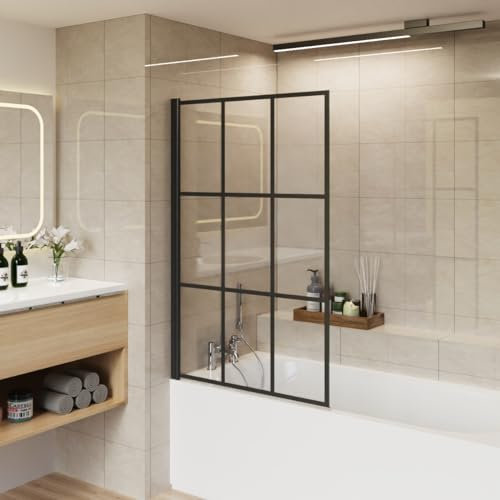 Aquariss 800x1400 Square Pivot Bath Shower Screen 6mm Easy Clean Glass Screen Reversible Door Panel Black Grid