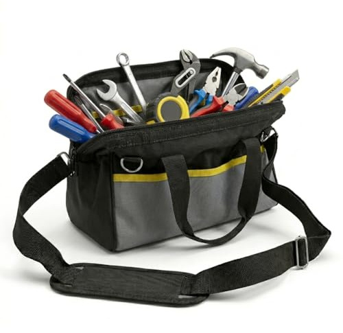 MAKA Borsa Attrezzi Lavoro Uomo 35x25x21 cm Professionale Bocca Larga con Spallacci Regolabili Cerniera Anti Blocco Fondo Rigido Impermeabile Elettricista Idraulico Attrezzi Grandi (Model L)