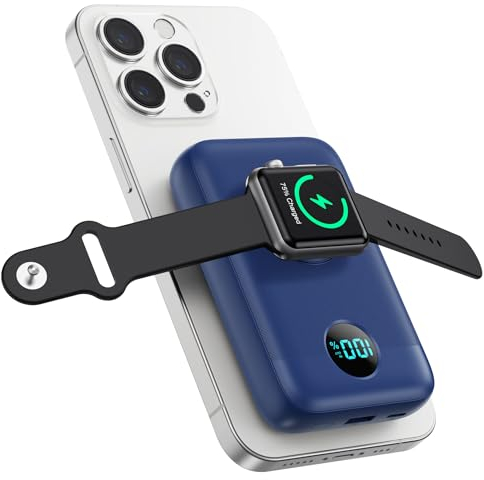 Magnetische Powerbank 10800mAh für MagSafe, 4-in-1 Wireless Power Bank mit i-Watch Ladegerät,QC4.0+PD 22.5W USB C Schnelles Laden Externe Akku mit LED-Display für Apple Watch/iPhone 15/14/13/12 Series