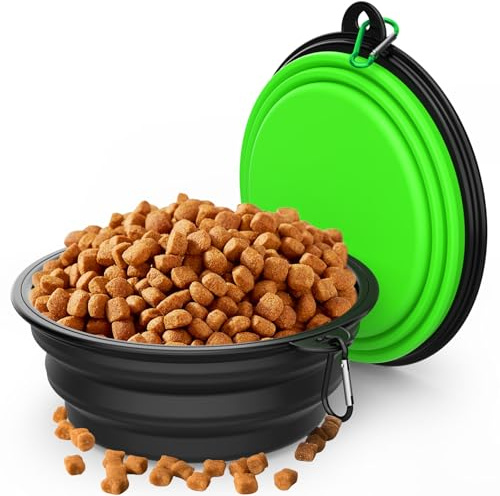 2 Pack Collapsible Dog Bowl Travel Portable Pet Bowls [34oz,1000ml],Expandable Foldable Food Water Feeding Dishes for Traveling Hiking Walking,with Carabiners [Black,Green]