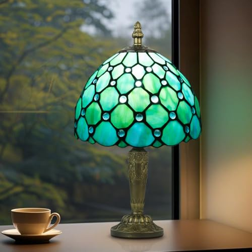 Crefotu 8 Inch Small Tiffany Style Table Lamp, Blue Stained Glass Lamp | 3 Color Temperatures, Vintage Mini Tiffany Lamp for Office Bedroom Living Room Reading Home, Included Dimmable LED Bulb