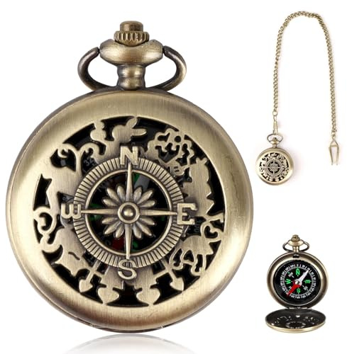 Kompass Vintage mit Metallketten, Taschenkompass Messing mit Gravur Muster, Peilkompass Wasserdicht, Kompasse Outdoor Navigation Tools Tragbar für Wandern Camping Jagd