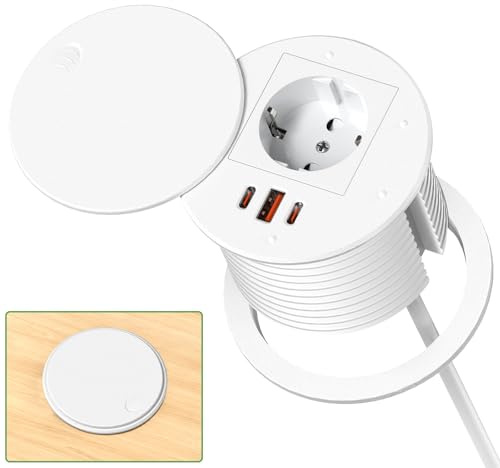 Presa da incasso con 2 USB C PD 35 W e USB A QC 30 W, ciabatta da incasso con USB e copertura, presa a scomparsa per mobili, piano di lavoro, cavo da 1,8 m